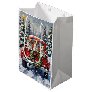 Papillon Christmas Red Truck Holiday Medium Gift Bag