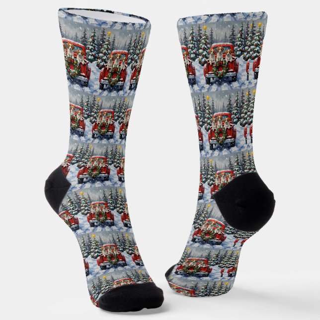 Papillon Christmas Red Truck Holiday Socks (Angled)