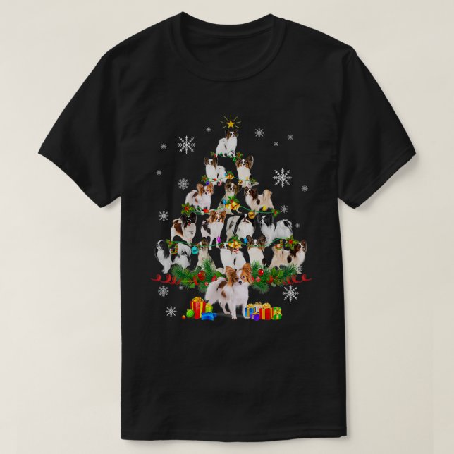 Papillon Christmas Tree Lights Funny Dog Xmas Gift T-Shirt (Design Front)