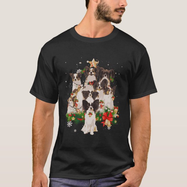 Papillon Christmas Tree Lights Funny Dog Xmas Gift T-Shirt (Front)