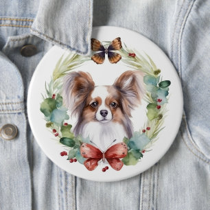 Papillon Christmas Wreath Festive Pup 6 Cm Round Badge