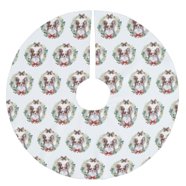 Papillon Christmas Wreath Festive Pup  Brushed Polyester Tree Skirt (Front)