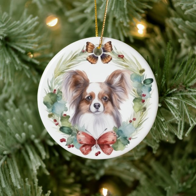 Papillon Christmas Wreath Festive Pup  Ceramic Tree Decoration (Tree)