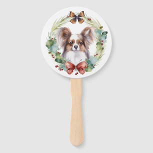 Papillon Christmas Wreath Festive Pup  Hand Fan