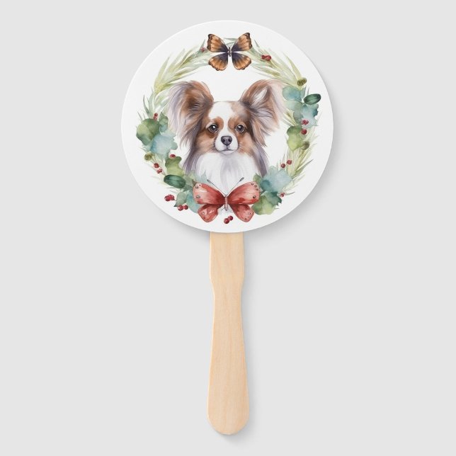 Papillon Christmas Wreath Festive Pup  Hand Fan (Back)