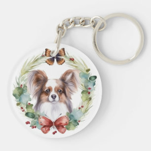 Papillon Christmas Wreath Festive Pup Key Ring