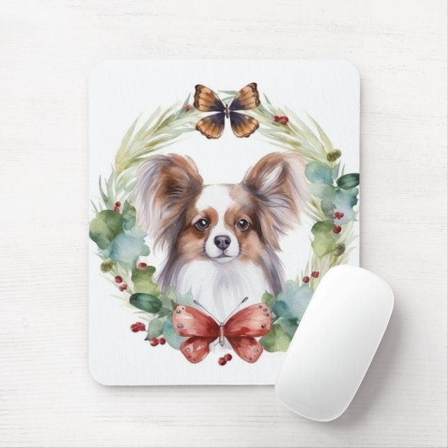 Papillon Christmas Wreath Festive Pup  Mouse Mat (With Mouse)