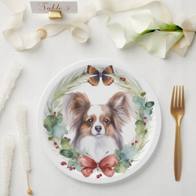 Papillon Christmas Wreath Festive Pup  Paper Plate (Wedding)