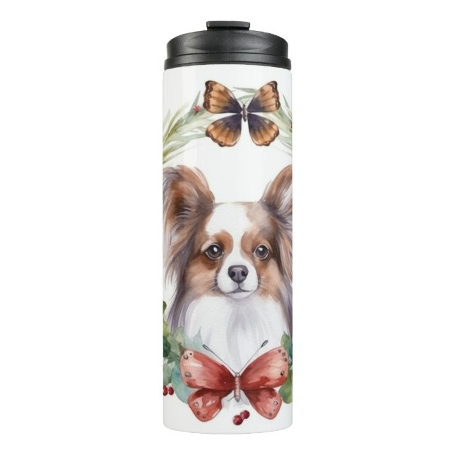 Papillon Christmas Wreath Festive Pup  Thermal Tumbler (Front)