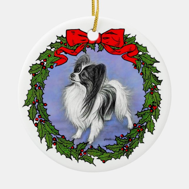 Papillon Dog Art by Glenda S. Harlan Ceramic Tree Decoration (Front)