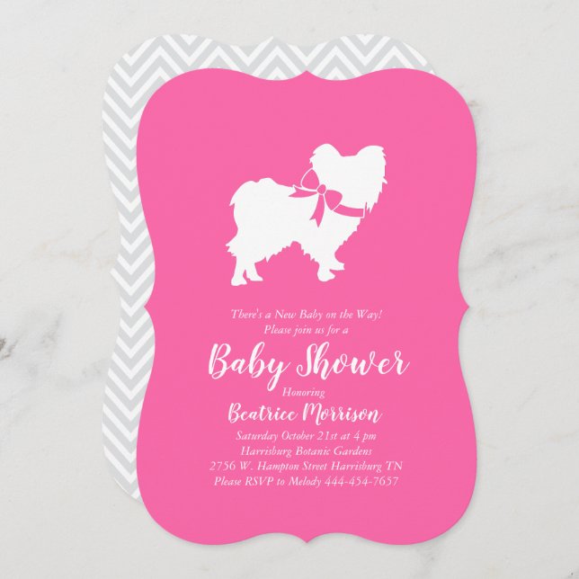 Papillon Dog Baby Shower Pink Girl Invitation (Front/Back)