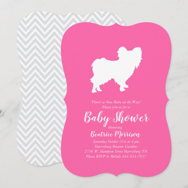 Papillon Dog Baby Shower Pink Girl Invitation (Front/Back)