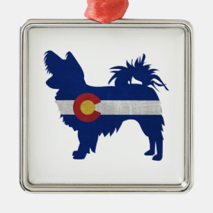 Papillon Dog Breed Colorado Flag Silhouette Metal Tree Decoration
