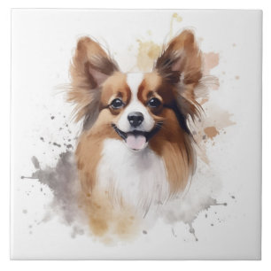 Papillon Dog Brown and White Watercolor Tile