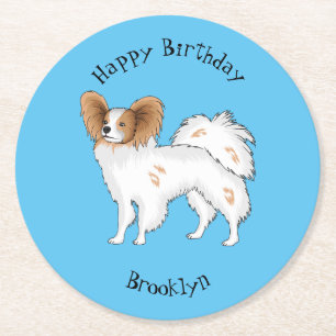 Papillon dog cartoon illustration round paper coaster