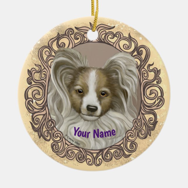 Papillon Dog  Ceramic Tree Decoration (Front)