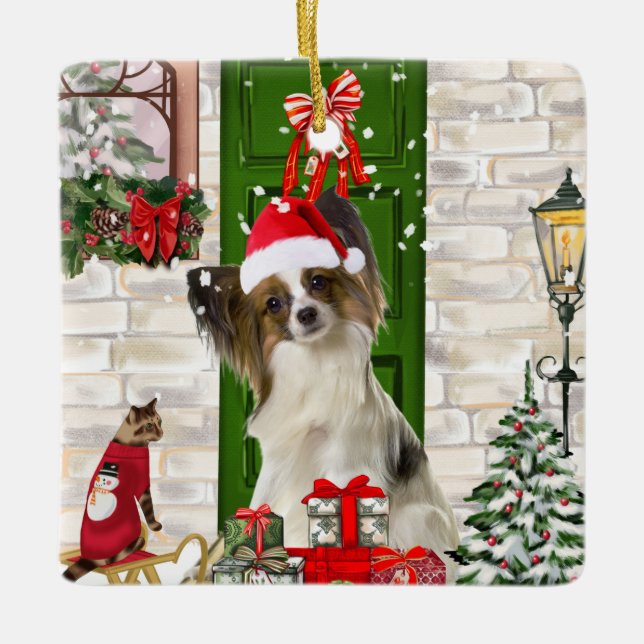 Papillon Dog Christmas  Ceramic Ornament (Front)