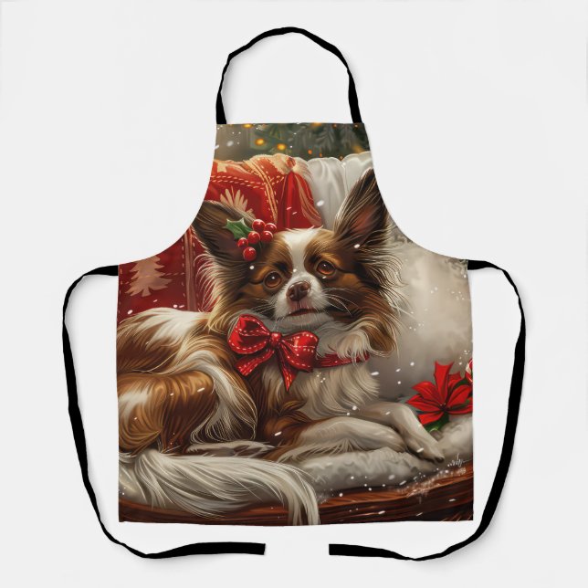 Papillon Dog Christmas Festive Apron (Front)