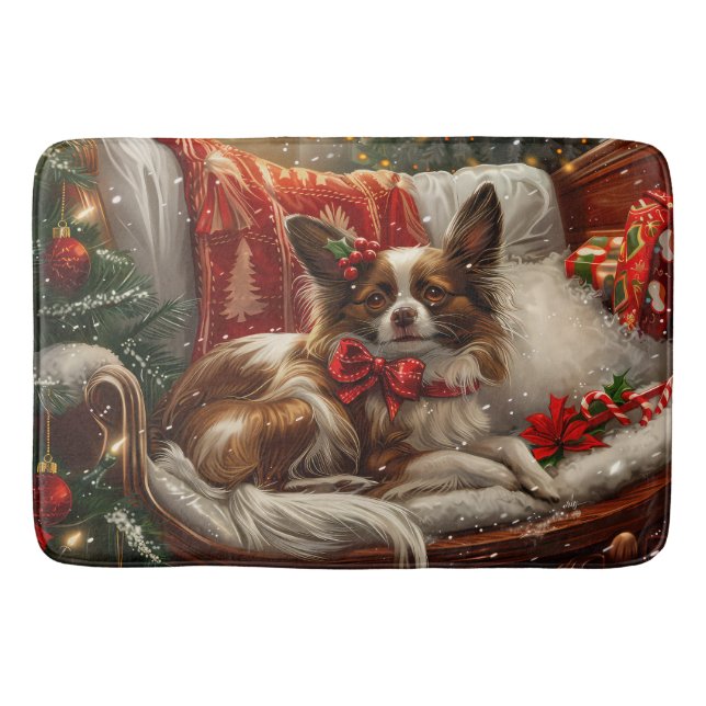Papillon Dog Christmas Festive Bath Mat (Front)