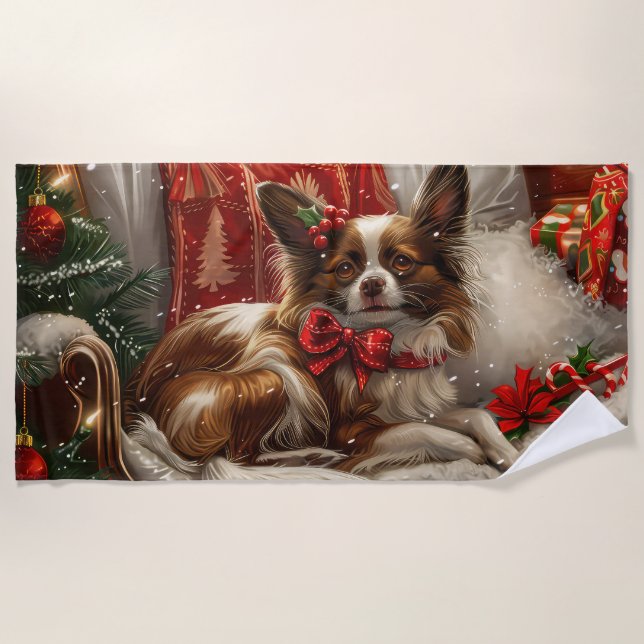 Papillon Dog Christmas Festive Beach Towel (Front)