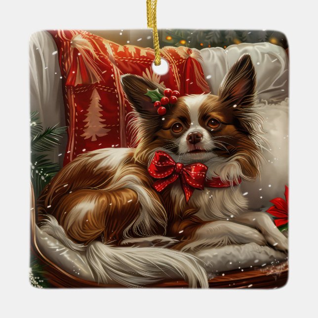 Papillon Dog Christmas Festive Ceramic Ornament (Front)