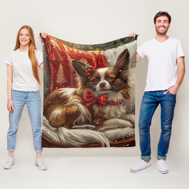 Papillon Dog Christmas Festive Fleece Blanket (In Situ)