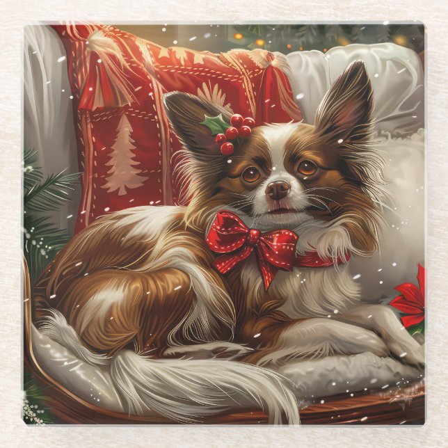 Papillon Dog Christmas Festive Glass Coaster (Front)