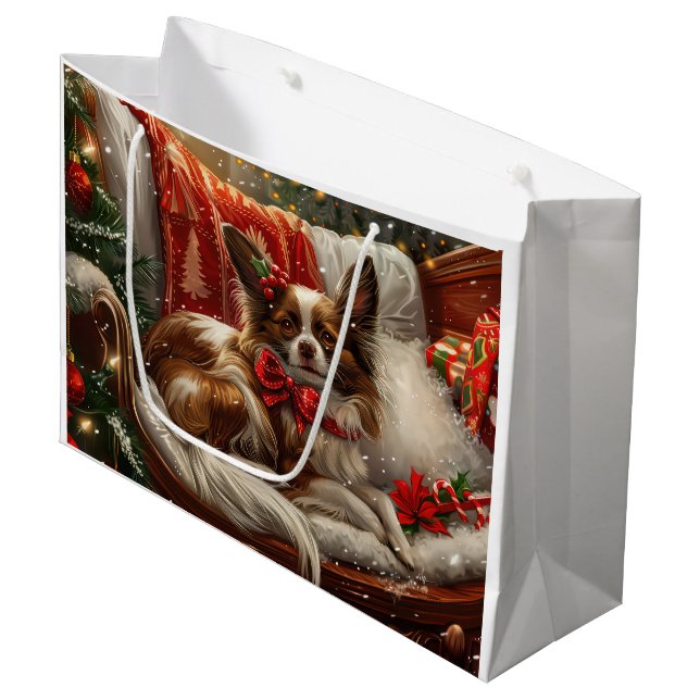 Papillon Dog Christmas Festive Large Gift Bag (Front Angled)