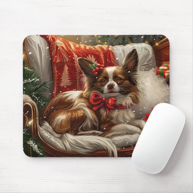 Papillon Dog Christmas Festive Mouse Mat (With Mouse)