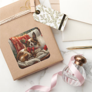 Papillon Dog Christmas Festive Square Sticker