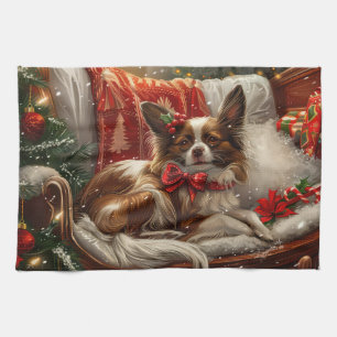 Papillon Dog Christmas Festive Tea Towel