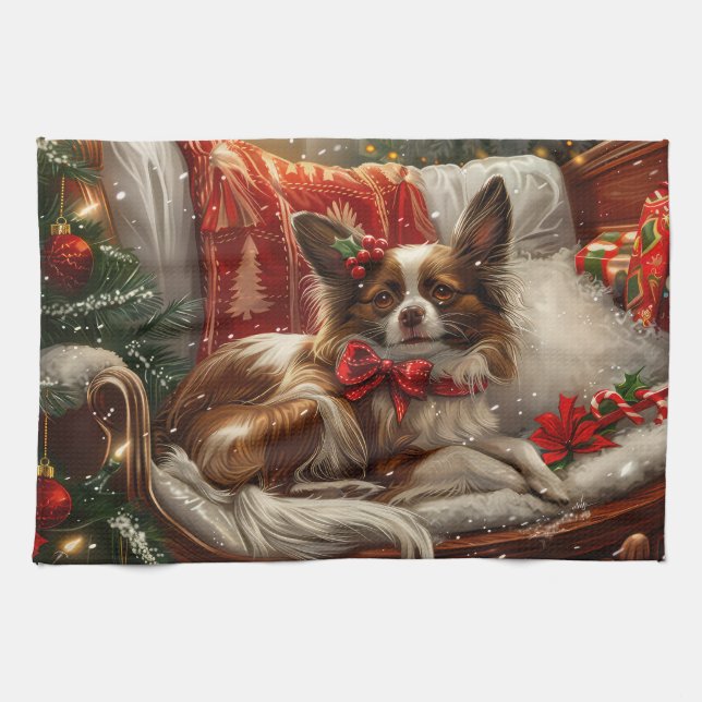 Papillon Dog Christmas Festive Tea Towel (Horizontal)