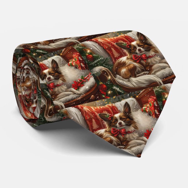 Papillon Dog Christmas Festive Tie (Rolled)