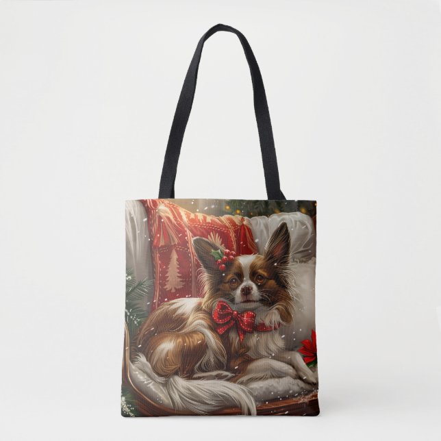 Papillon Dog Christmas Festive Tote Bag (Front)