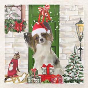 Papillon Dog Christmas Glass Coaster