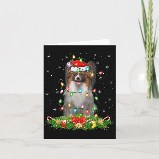 Papillon Dog Christmas Lights Funny Santa Hat Xmas Card (Front)