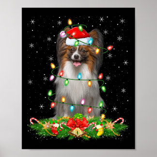 Papillon Dog Christmas Lights Funny Santa Hat Xmas Poster