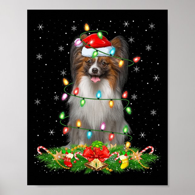 Papillon Dog Christmas Lights Funny Santa Hat Xmas Poster (Front)