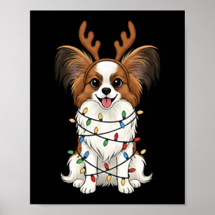 Papillon Dog Christmas Reindeer Lights Funny Dog L Poster