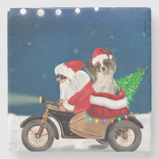 Papillon Dog Christmas Santa Claus  Stone Coaster (Front)