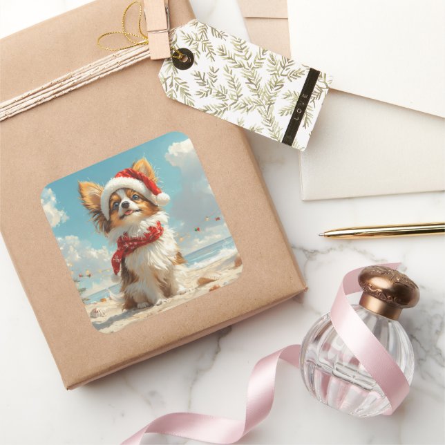 Papillon Dog Christmas Vintage Beach Square Sticker (Gifting)