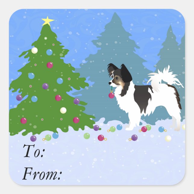 Papillon Dog Decorating Christmas Tree in Forest Square Sticker (Front)