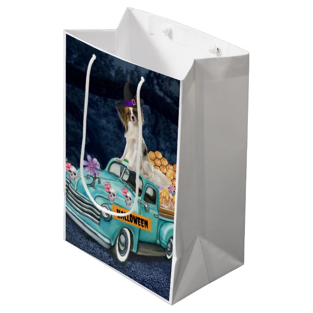 Papillon Dog Halloween Truck Scary Night Medium Gift Bag (Front Angled)
