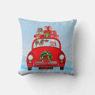 Papillon Dog In Car With Santa Claus Cushion