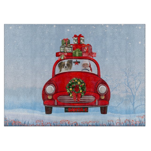 Papillon Dog In Car With Santa Claus  Cutting Board (Front)