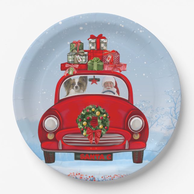 Papillon Dog In Car With Santa Claus  Paper Plate (Front)
