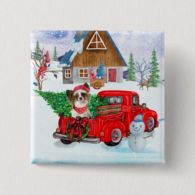 Papillon Dog In Christmas Delivery Truck Snow 15 Cm Square Badge (Front)