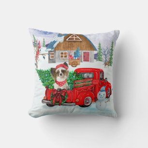Papillon Dog In Christmas Delivery Truck Snow  Cushion