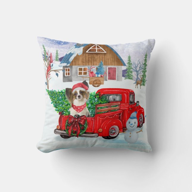 Papillon Dog In Christmas Delivery Truck Snow  Cushion (Front)