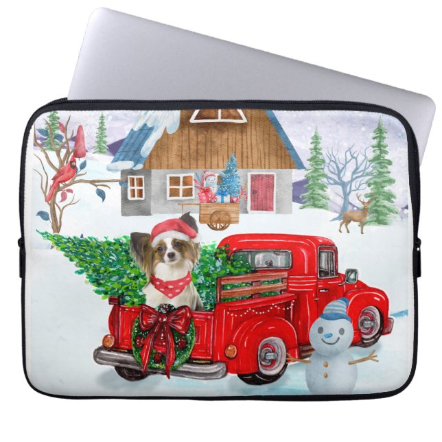 Papillon Dog In Christmas Delivery Truck Snow Laptop Sleeve (Front)
